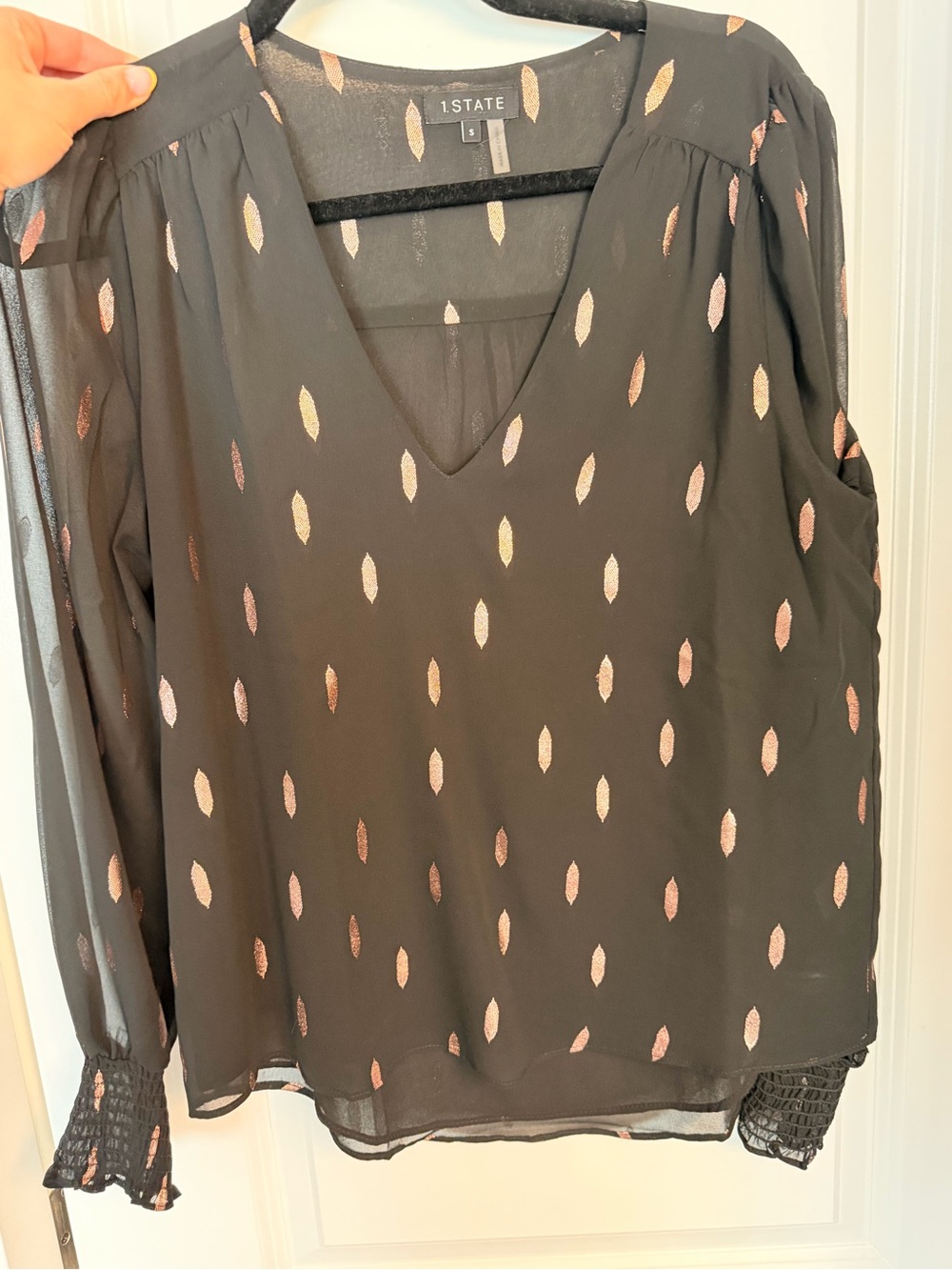 1. State Black Sheer V-Neck Blouse with Rose Gold Dot Motif